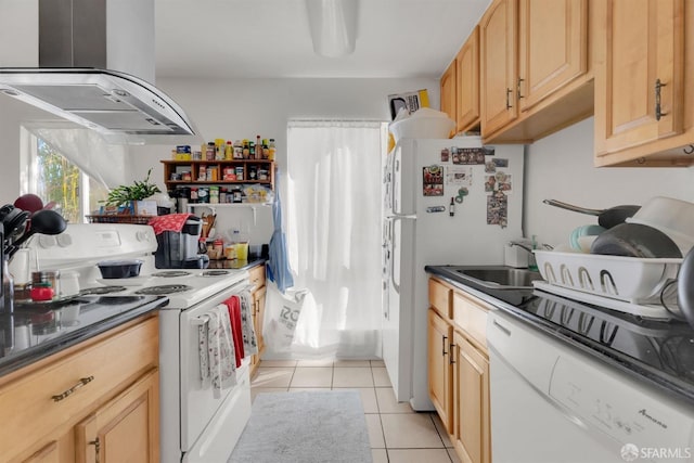 4140 Fran Way, Richmond, CA 94803 - kitchen featuring white appliances, island range hood, a sink, light tile patterned floors, and dark countertops