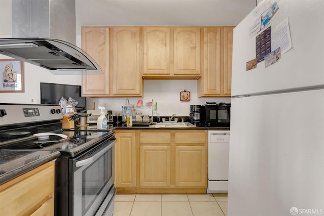 kitchen with light tile patterned flooring, white appliances, extractor fan, and light brown cabinetry