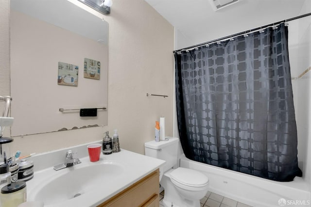 full bathroom featuring shower / bath combo, toilet, tile patterned flooring, and vanity