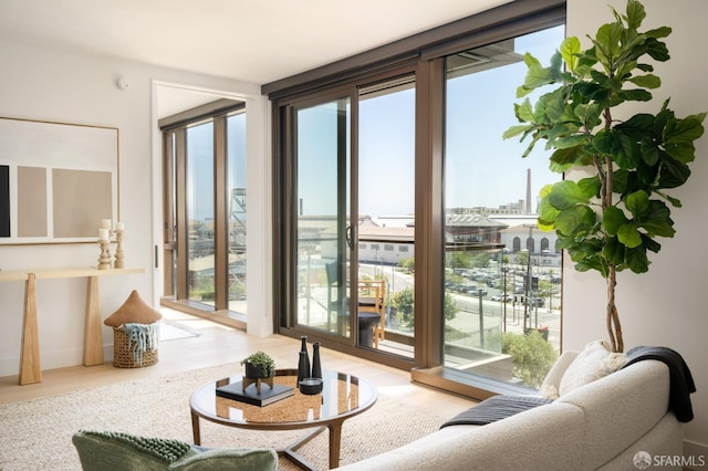 doorway to outside with light hardwood / wood-style flooring and floor to ceiling windows