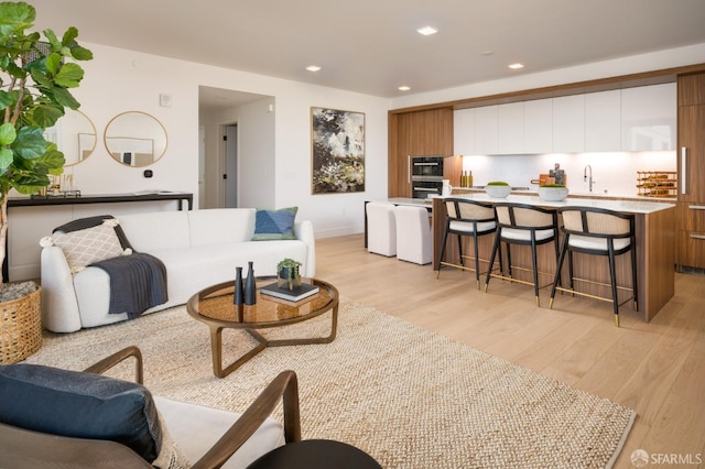 living room featuring sink and light hardwood / wood-style flooring