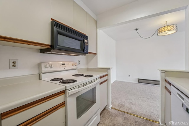 920 Mission Rd Unit 15, South San Francisco, CA 94080 - kitchen featuring white appliances, baseboard heating, light countertops, and light carpet