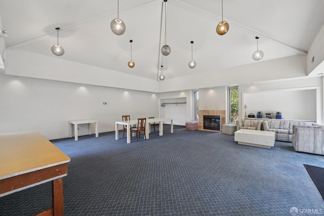 920 Mission Rd Unit 15, South San Francisco, CA 94080 - living area featuring carpet, high vaulted ceiling, and a tiled fireplace