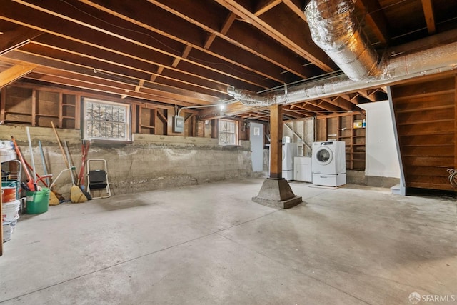 basement with washer / clothes dryer and electric panel