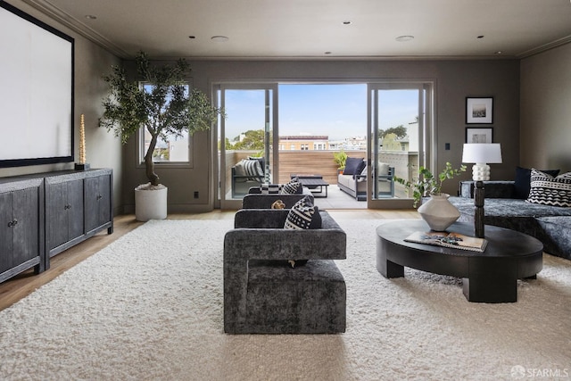 living room featuring light wood-type flooring and ornamental molding