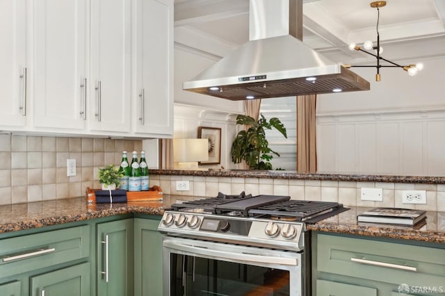 kitchen with backsplash, white cabinets, stainless steel gas range, and island exhaust hood