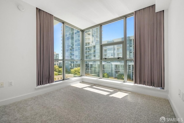 unfurnished room with a wall of windows and carpet flooring