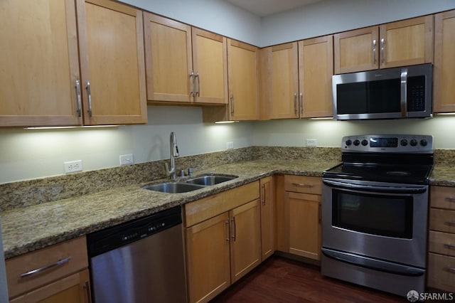 kitchen with dark hardwood / wood-style floors, light stone countertops, sink, and stainless steel appliances