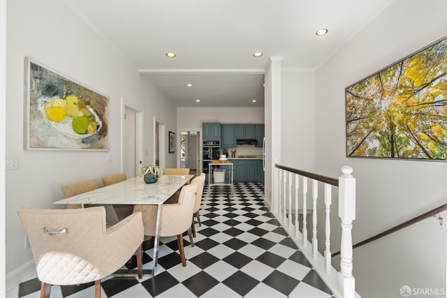 dining area featuring tile patterned floors, recessed lighting, and ornamental molding