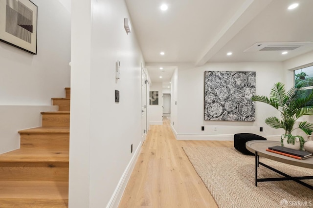 1029 Jackson St Unit 1031, San Francisco, CA 94133 - corridor featuring light wood-type flooring, recessed lighting, stairs, baseboards, and beam ceiling