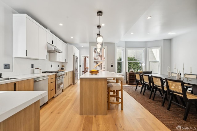 1029 Jackson St Unit 1031, San Francisco, CA 94133 - kitchen with stainless steel appliances, under cabinet range hood, light wood-type flooring, a kitchen breakfast bar, and light countertops