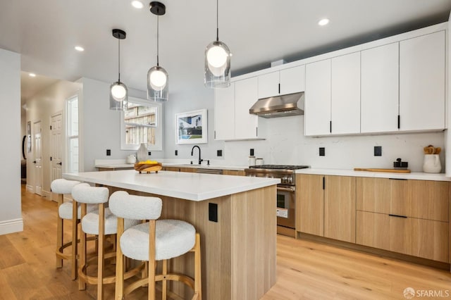 1029 Jackson St Unit 1031, San Francisco, CA 94133 - kitchen featuring under cabinet range hood, stainless steel appliances, a breakfast bar area, a sink, and light countertops