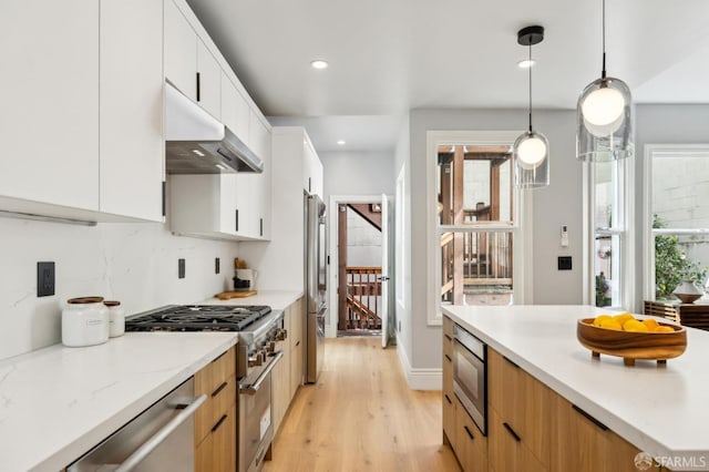 1029 Jackson St Unit 1031, San Francisco, CA 94133 - kitchen featuring under cabinet range hood, high end appliances, modern cabinets, light wood-style flooring, and recessed lighting