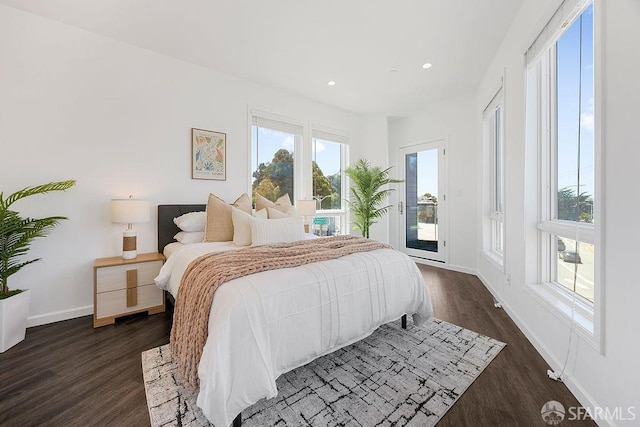 299 Sagamore St, San Francisco, CA 94112 - bedroom featuring access to exterior, dark wood-type flooring, multiple windows, and recessed lighting