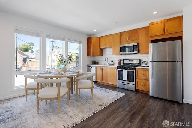 299 Sagamore St, San Francisco, CA 94112 - kitchen featuring stainless steel appliances, dark wood finished floors, light countertops, backsplash, and recessed lighting