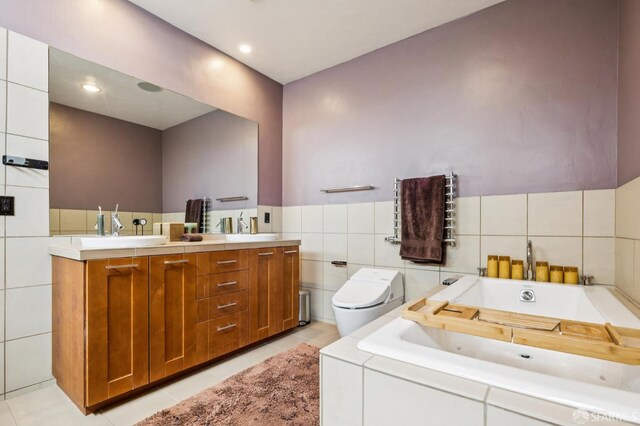 6353 Skyline Blvd, Oakland, CA 94611 - full bath featuring tile walls, double vanity, toilet, a jetted tub, and tile patterned flooring