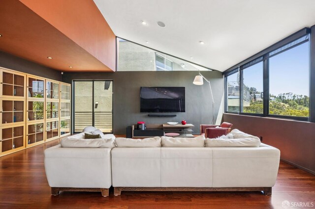 6353 Skyline Blvd, Oakland, CA 94611 - living room with wood finished floors, recessed lighting, and lofted ceiling