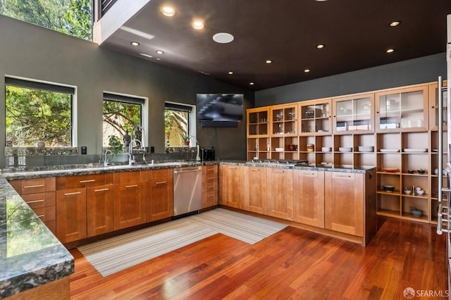 6353 Skyline Blvd, Oakland, CA 94611 - kitchen with stainless steel dishwasher, light wood finished floors, dark stone countertops, and recessed lighting