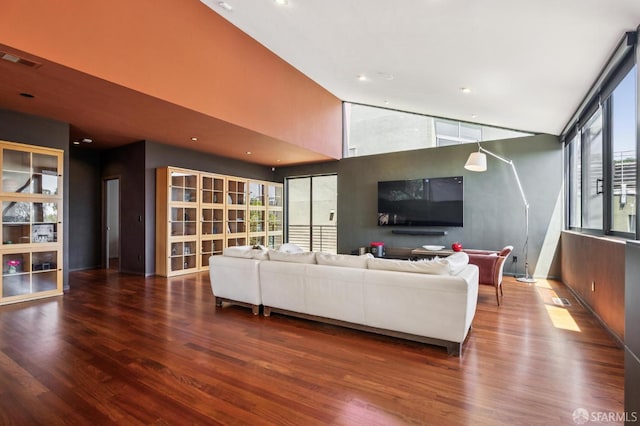 6353 Skyline Blvd, Oakland, CA 94611 - living room featuring wood finished floors, a high ceiling, and recessed lighting