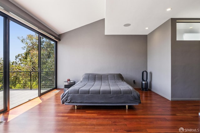 6353 Skyline Blvd, Oakland, CA 94611 - bedroom with access to exterior, wood finished floors, lofted ceiling, recessed lighting, and baseboards