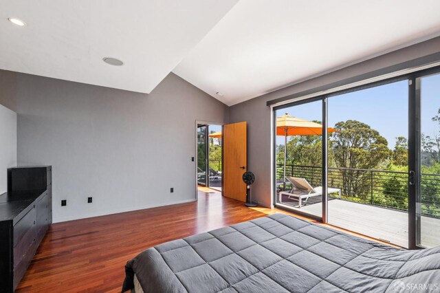 6353 Skyline Blvd, Oakland, CA 94611 - bedroom featuring access to exterior, wood finished floors, lofted ceiling, and recessed lighting