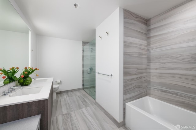 201 Folsom St Unit 38E, San Francisco, CA 94105 - full bath featuring double vanity, toilet, a shower stall, a bath, and baseboards