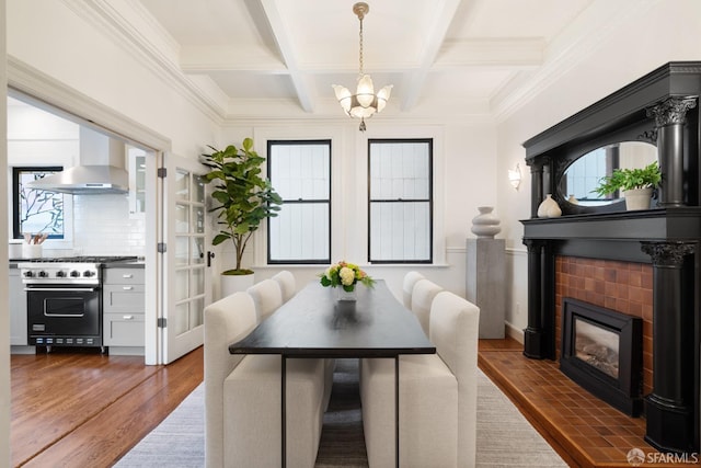 dining space featuring a chandelier, beamed ceiling, dark hardwood / wood-style floors, and coffered ceiling