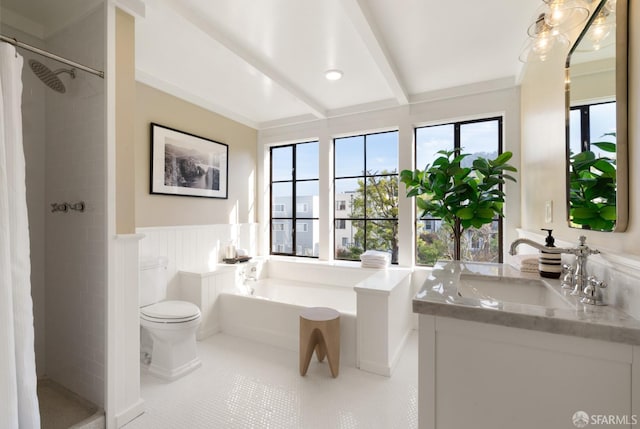 full bathroom featuring a wealth of natural light, tile patterned flooring, and shower with separate bathtub