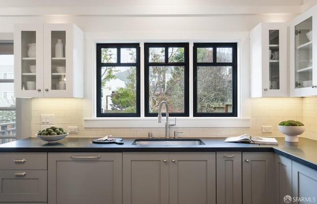 kitchen featuring gray cabinetry, sink, white cabinets, and plenty of natural light