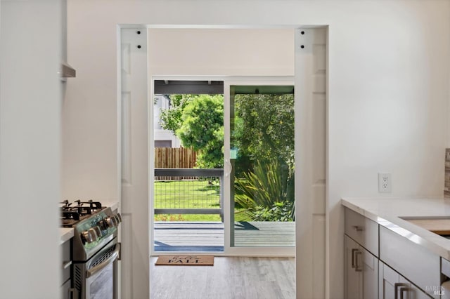 entryway with plenty of natural light and light hardwood / wood-style floors