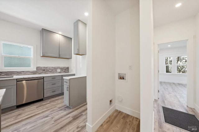 kitchen featuring gray cabinetry, a wealth of natural light, and stainless steel dishwasher