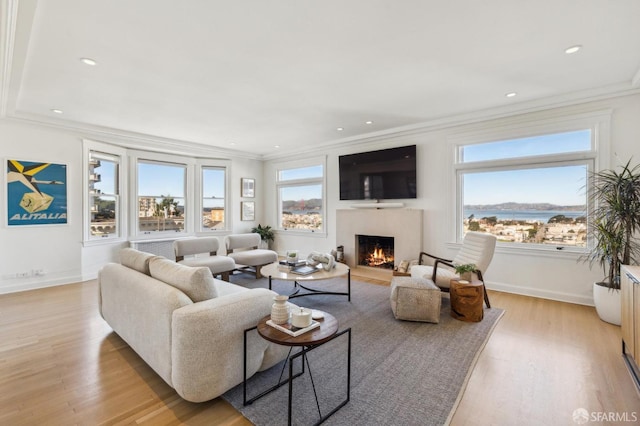 living area with baseboards, a lit fireplace, ornamental molding, and light wood-style floors