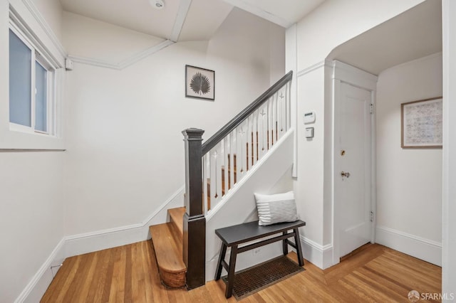 staircase with hardwood / wood-style floors