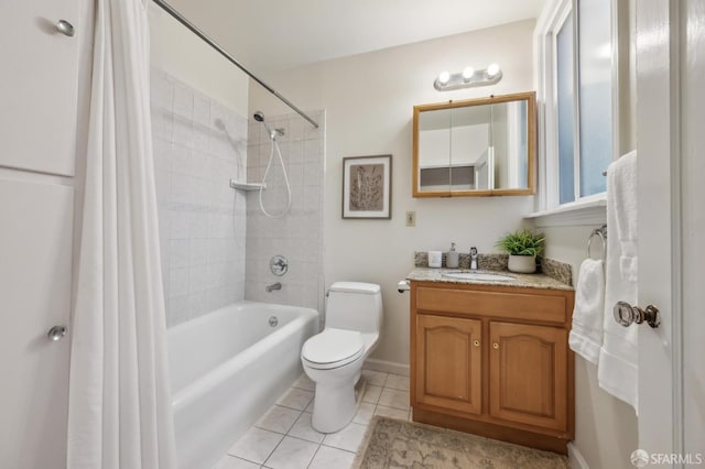 full bathroom with shower / bath combination with curtain, vanity, toilet, and tile patterned flooring