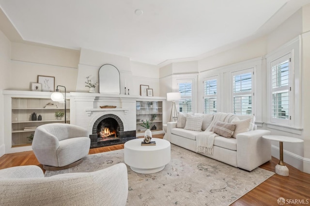 living room featuring wood-type flooring and a fireplace