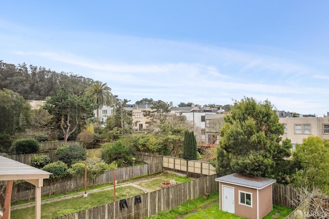 view of yard with a storage shed