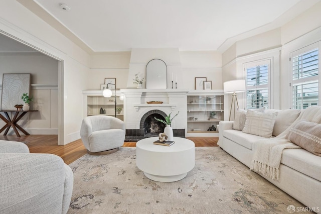 living room with a fireplace and wood-type flooring