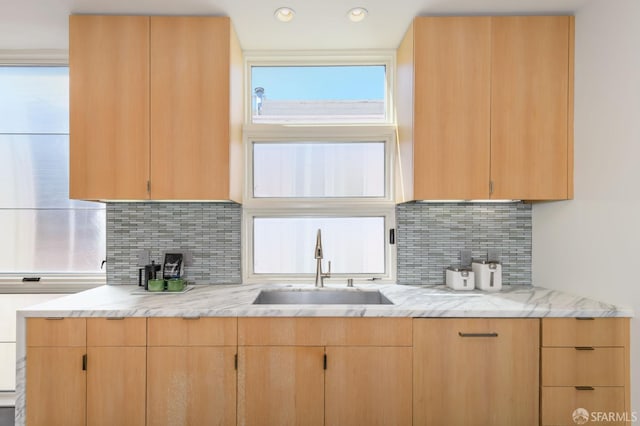 3544 Webster St, San Francisco, CA 94123 - kitchen featuring light brown cabinets, light stone counters, backsplash, and recessed lighting