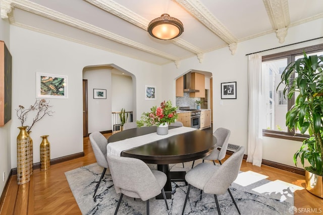 3544 Webster St, San Francisco, CA 94123 - dining room with arched walkways and beam ceiling