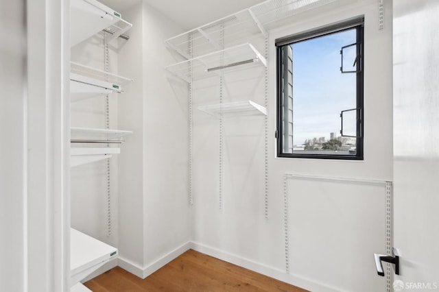 walk in closet with wood-type flooring