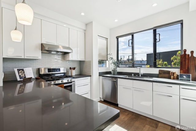 kitchen with appliances with stainless steel finishes, decorative light fixtures, sink, and white cabinets