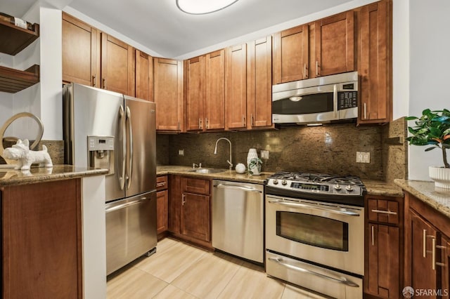 735 Geary St Unit 102, San Francisco, CA 94109 - kitchen with appliances with stainless steel finishes, a sink, stone counters, decorative backsplash, and brown cabinets