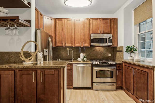 735 Geary St Unit 102, San Francisco, CA 94109 - kitchen featuring appliances with stainless steel finishes, a sink, backsplash, and dark stone counters