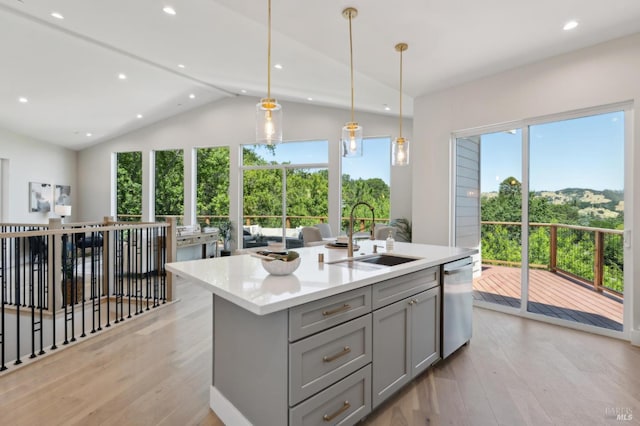 745 Redwood Rd, San Anselmo, CA 94960 - kitchen featuring gray cabinetry, a sink, dishwasher, light countertops, and light wood-style floors