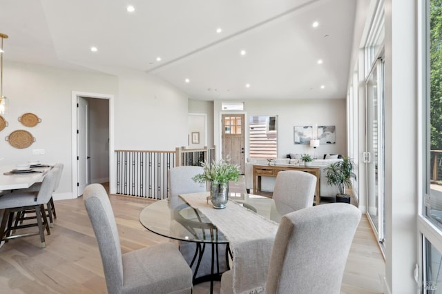 745 Redwood Rd, San Anselmo, CA 94960 - dining space featuring light wood-style floors, vaulted ceiling, recessed lighting, and baseboards