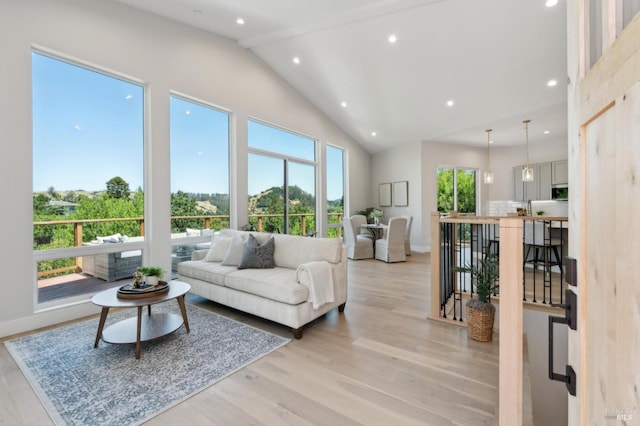 745 Redwood Rd, San Anselmo, CA 94960 - living room featuring recessed lighting, light wood-style floors, baseboards, and high vaulted ceiling
