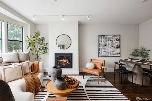 living area with a glass covered fireplace, baseboards, and wood finished floors