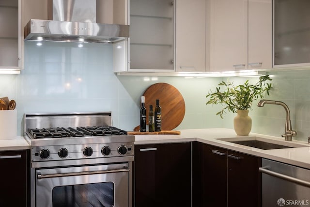 kitchen with appliances with stainless steel finishes, light countertops, a sink, and island range hood