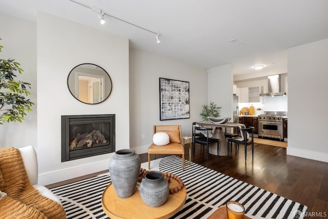 living room with dark wood-style floors, track lighting, a glass covered fireplace, and baseboards