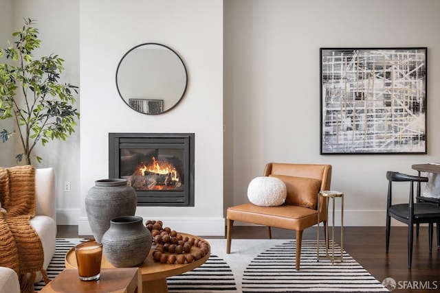 living area with baseboards, wood finished floors, and a glass covered fireplace